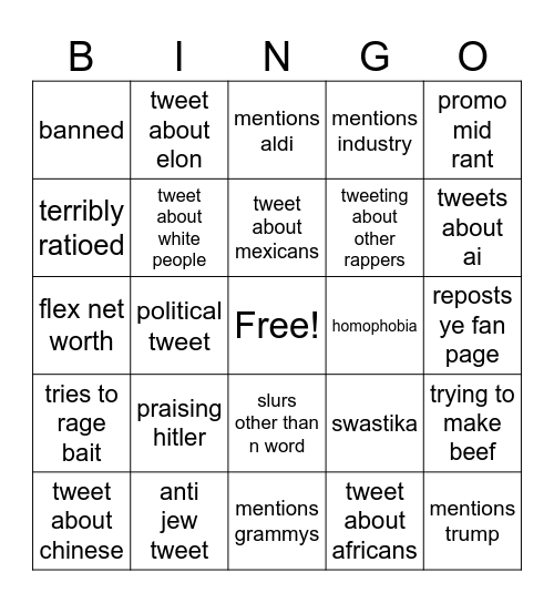 Kanye Twitter Rant feb 2025 Bingo Card