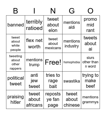 Kanye Twitter Rant feb 2025 Bingo Card