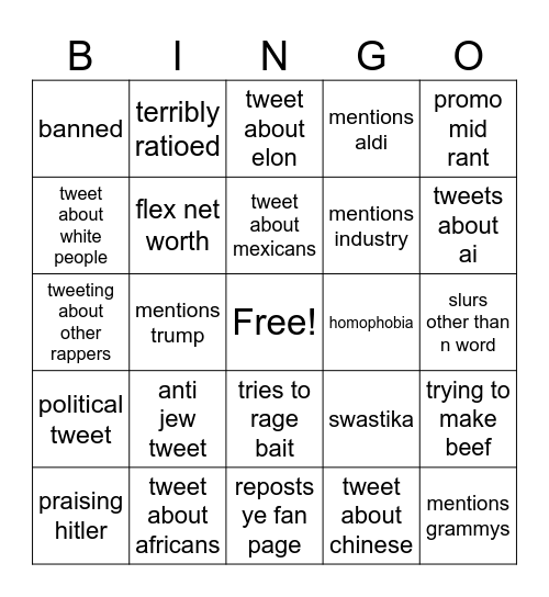 Kanye Twitter Rant feb 2025 Bingo Card
