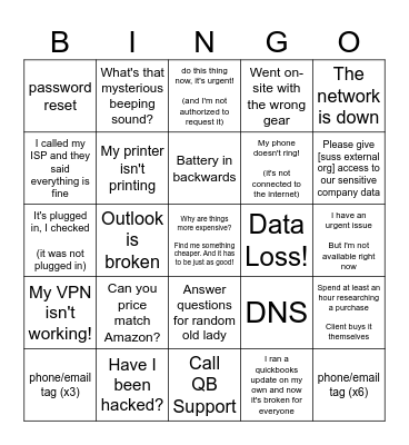 Tech Support Bingo Card