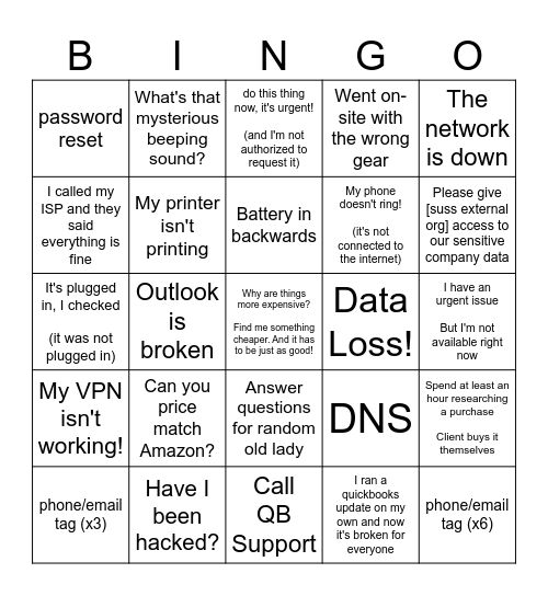 Tech Support Bingo Card