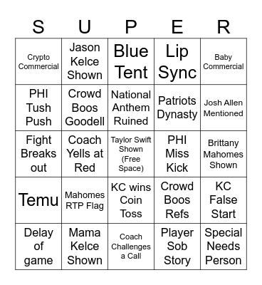 Super Bowl Bingo Card