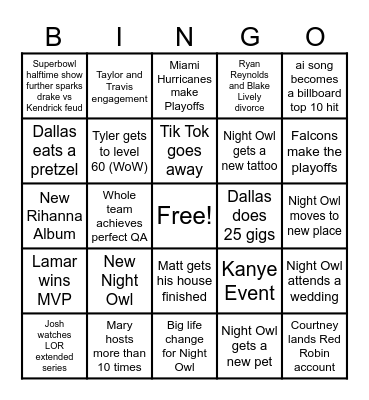 2025 Night Owl Bingo Card