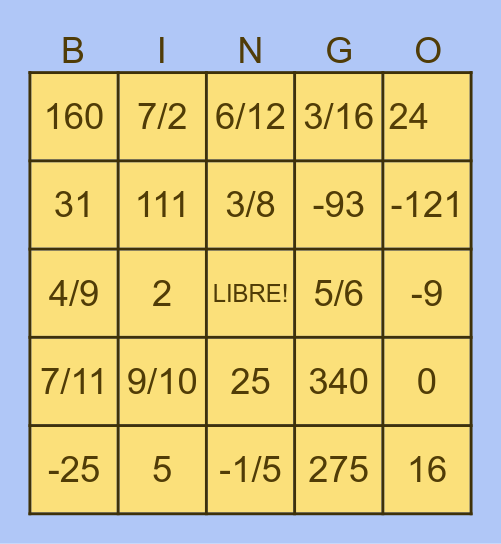 BINGO MATEMÁTICO Bingo Card