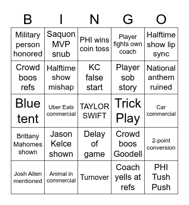 Super Bowl 2025 Bingo Card