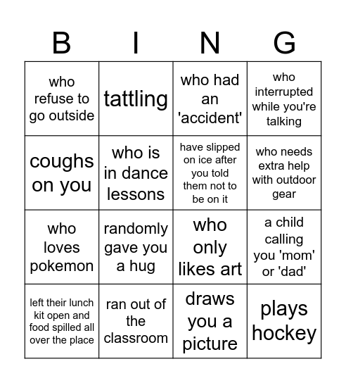 Kindergarten Bingo Card