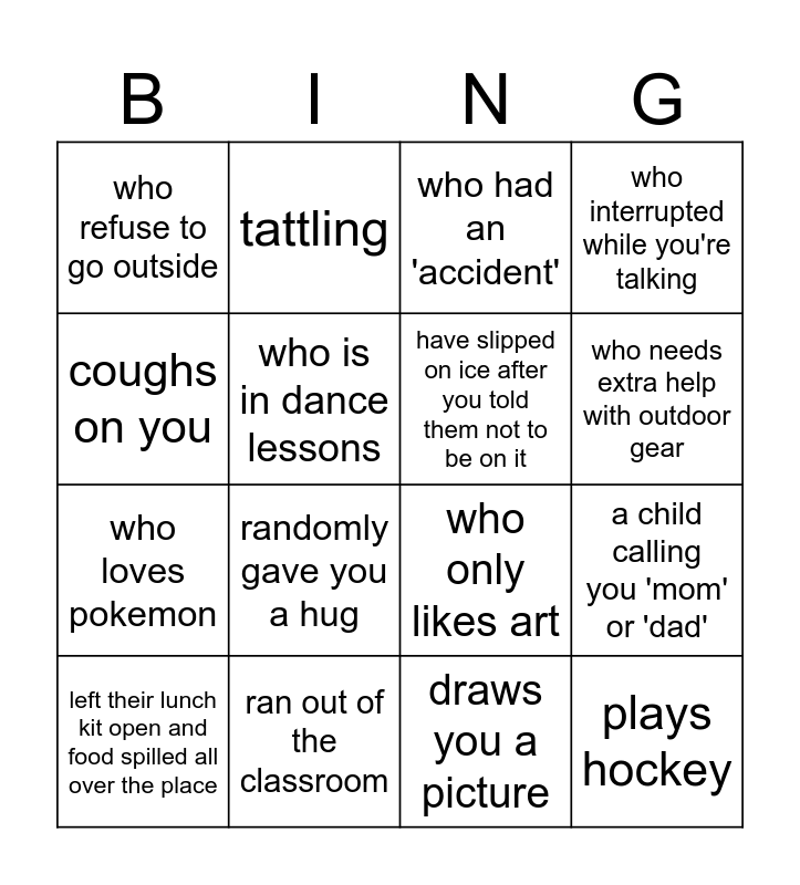 Kindergarten Bingo Card