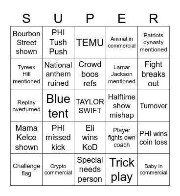 SUPER BOWL 2025 Bingo Card
