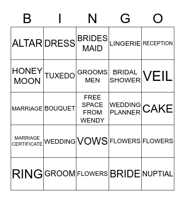 Wendy's Bridal/Bachelorette Party Bingo Card