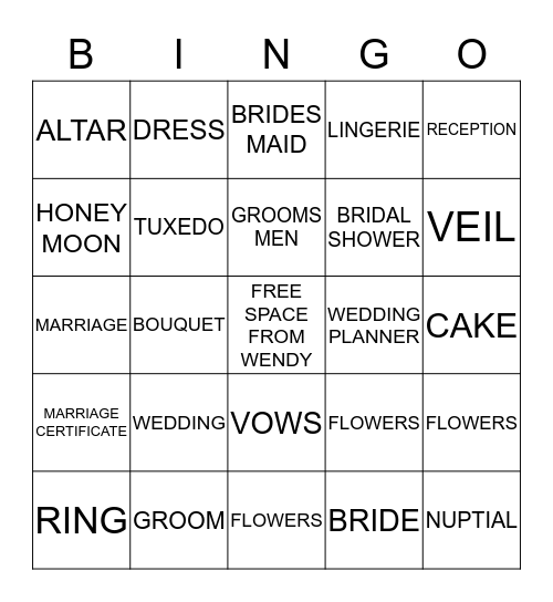 Wendy's Bridal/Bachelorette Party Bingo Card