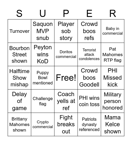 Super Bowl Bingo 2025 Bingo Card