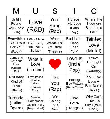 Music Genre Love Song Bingo Card