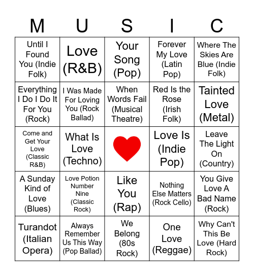 Music Genre Love Song Bingo Card