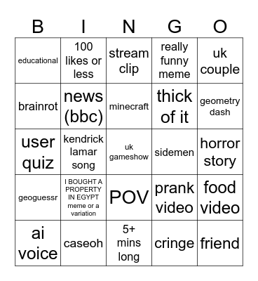 tiktok bingo Card