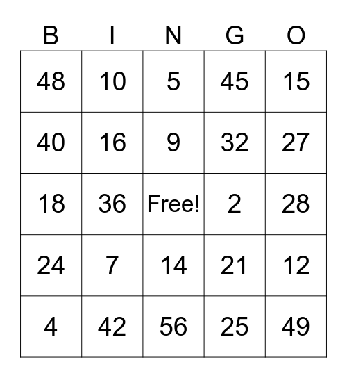 Multiplication Bingo Card