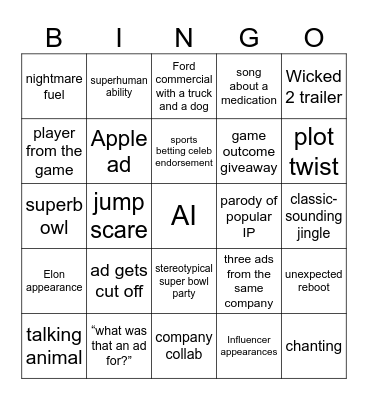 Super Bowl ads 2025 Bingo Card