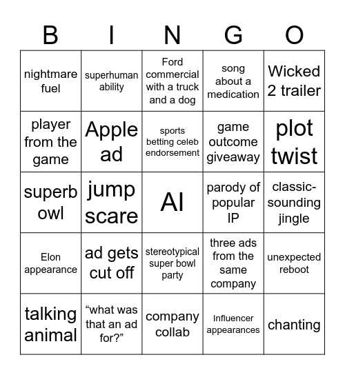 Super Bowl ads 2025 Bingo Card