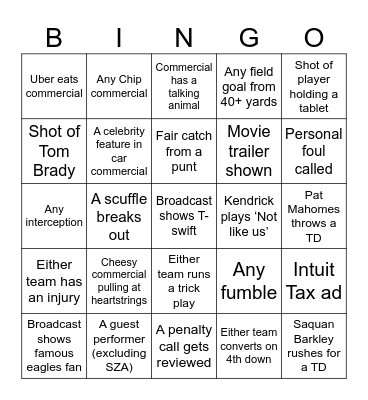 Superbowl BINGO Card