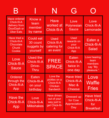 Chick-fil-A Bingo Card