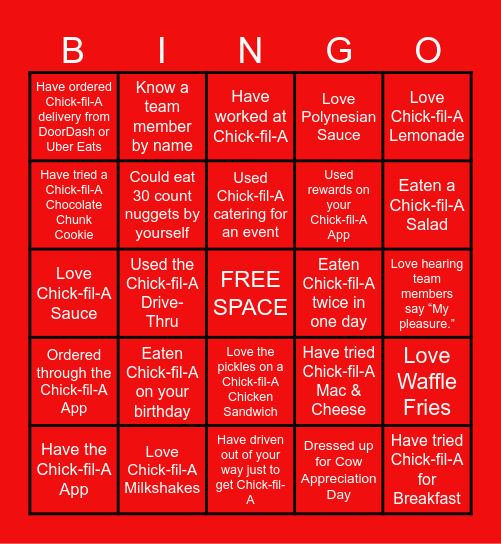 Chick-fil-A Bingo Card