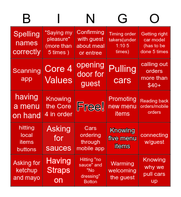 Chick fil a Bingo Card