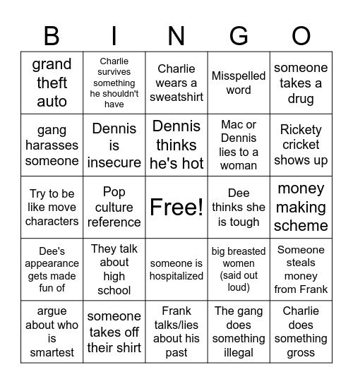 It's Always Sunny Bingo Card