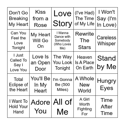 Valentine's Music Bingo Card
