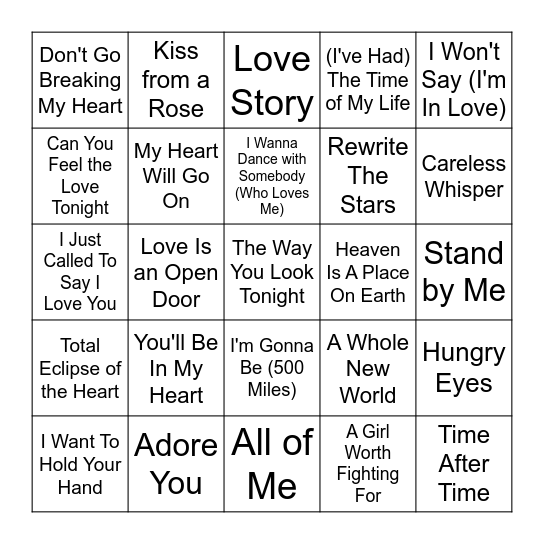 Valentine's Music Bingo Card