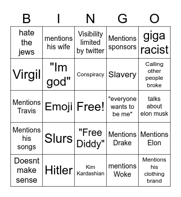 Kanye Twitter Bingo Card