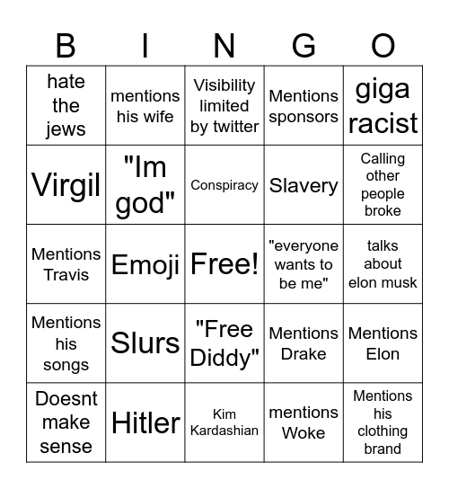Kanye Twitter Bingo Card