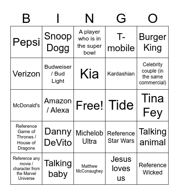 Super Bowl Commercial Bingo Card