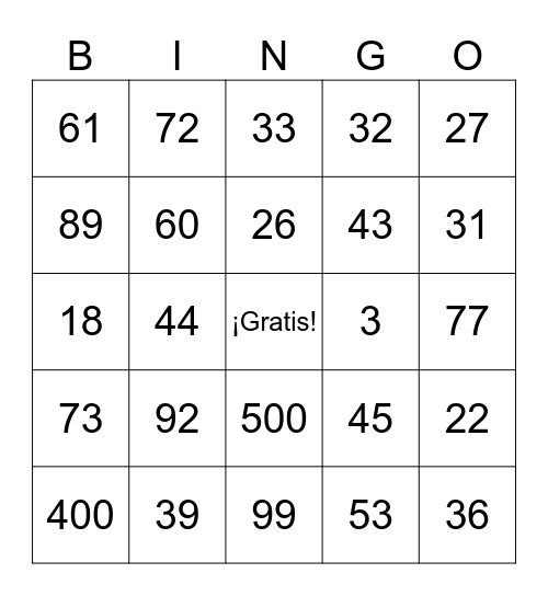 Los Números Bingo Card