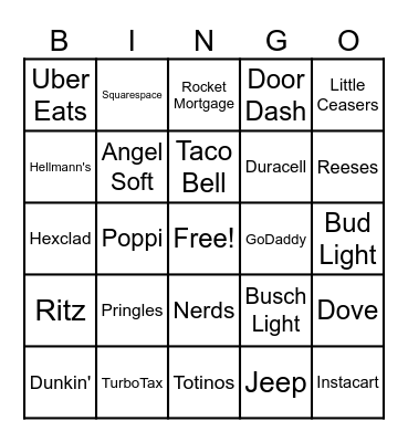 Superbowl Commercial Bingo Card