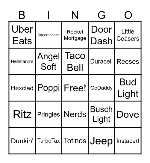 Superbowl Commercial Bingo Card