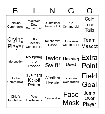 Super Bowl Bingo Card