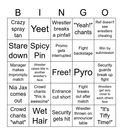 Wrestling Bingo Card