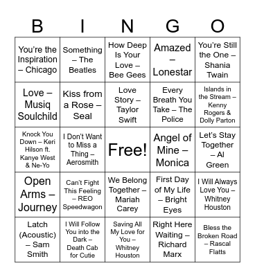 Love Songs Bingo Card