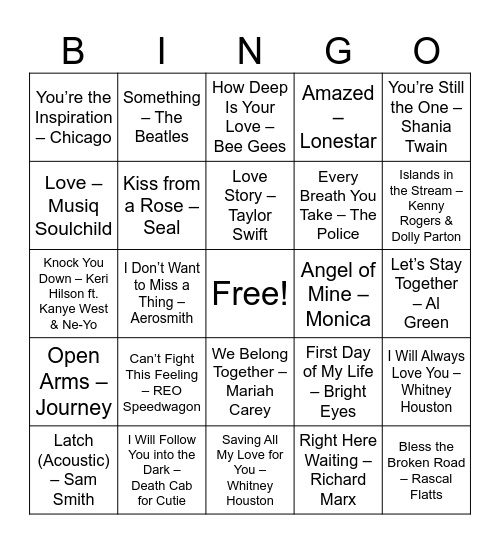 Love Songs Bingo Card