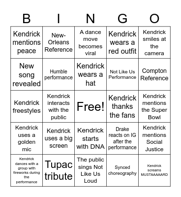 Kendrick SuperBowl 2025 Bingo Card