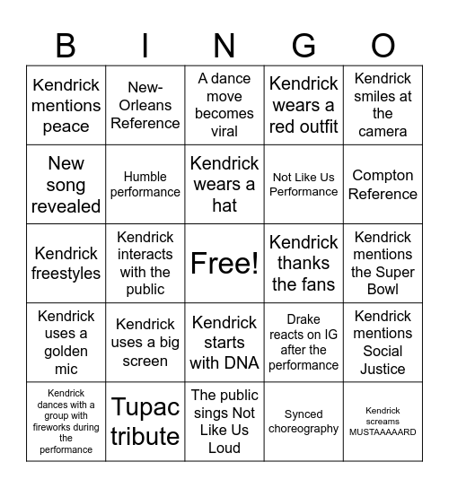Kendrick SuperBowl 2025 Bingo Card