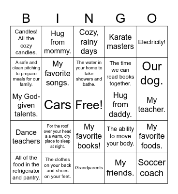 What we are grateful for Bingo Card