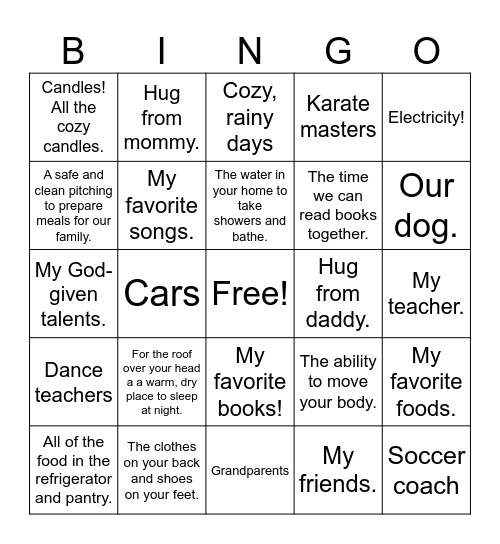 What we are grateful for Bingo Card
