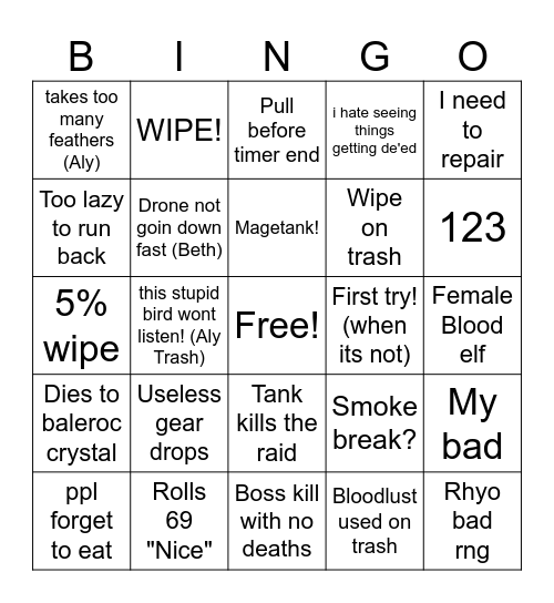 World Of Warcraft Raid Bingo Card