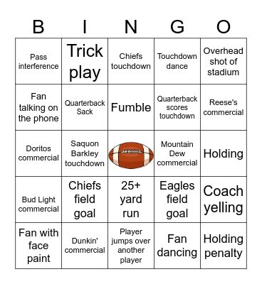 Super Bowl Bingo Card