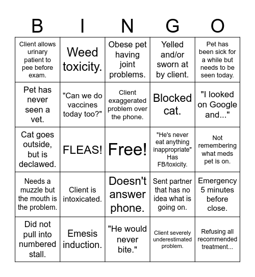 Veterinary ER Bingo Card