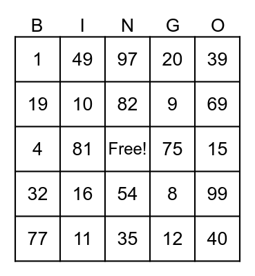 Number Bingo Card