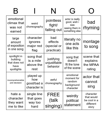 Movie Musical Bingo Card