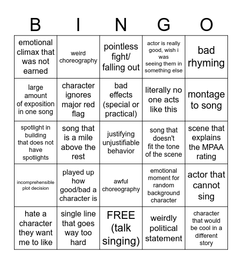 Movie Musical Bingo Card