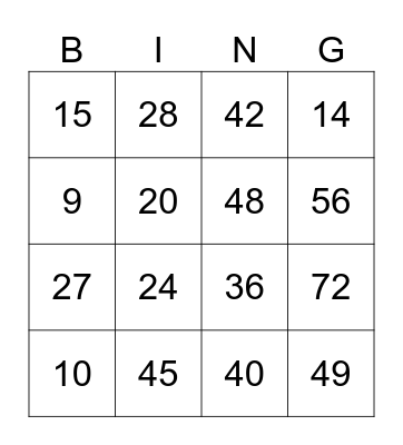 Basic Facts Bingo Card