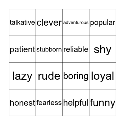 Character Traits Bingo Card